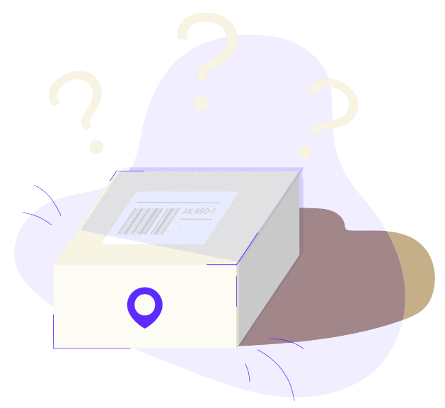 An illustration of a shipping box with 3 question marks above